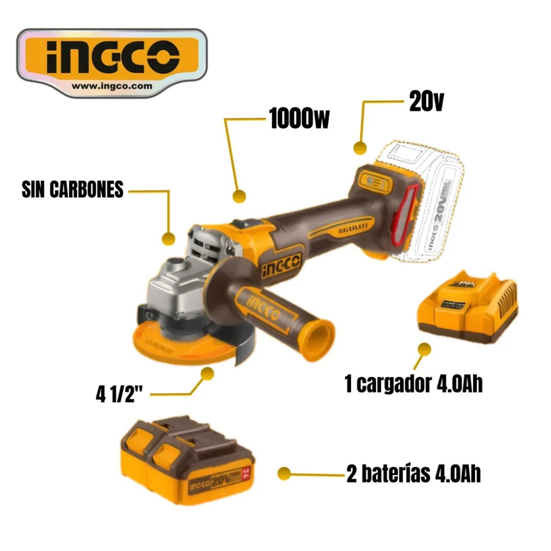 AMOLADORA ANGULAR INALÁMBRICA 20V BRUSHLESS 115 MM CON ACCESORIOS, INGCO CAGLI271532 - 2