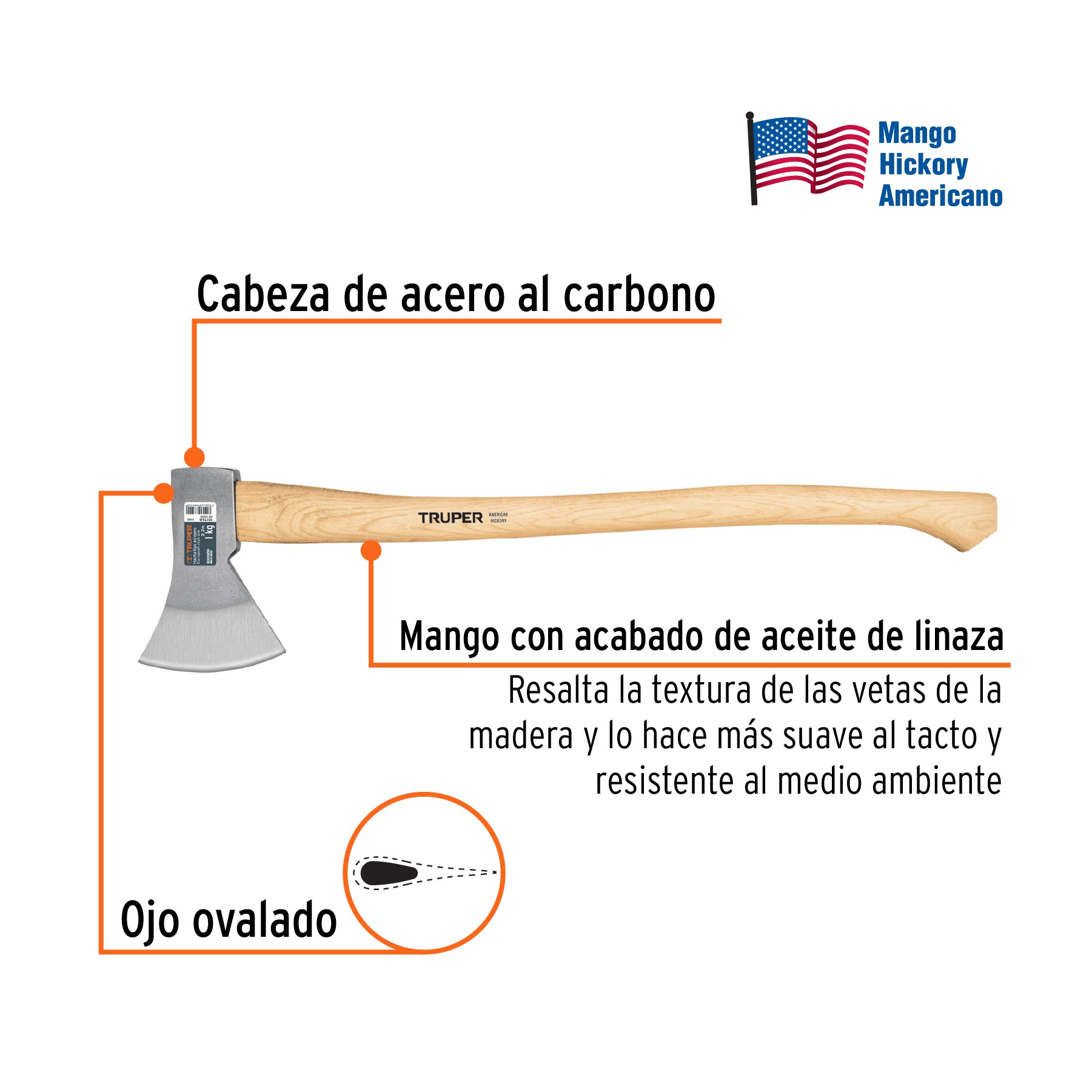 HACHA EUROPEA 1000 G CON MANGO HICKORY 28', TRUPER 101768 - 3