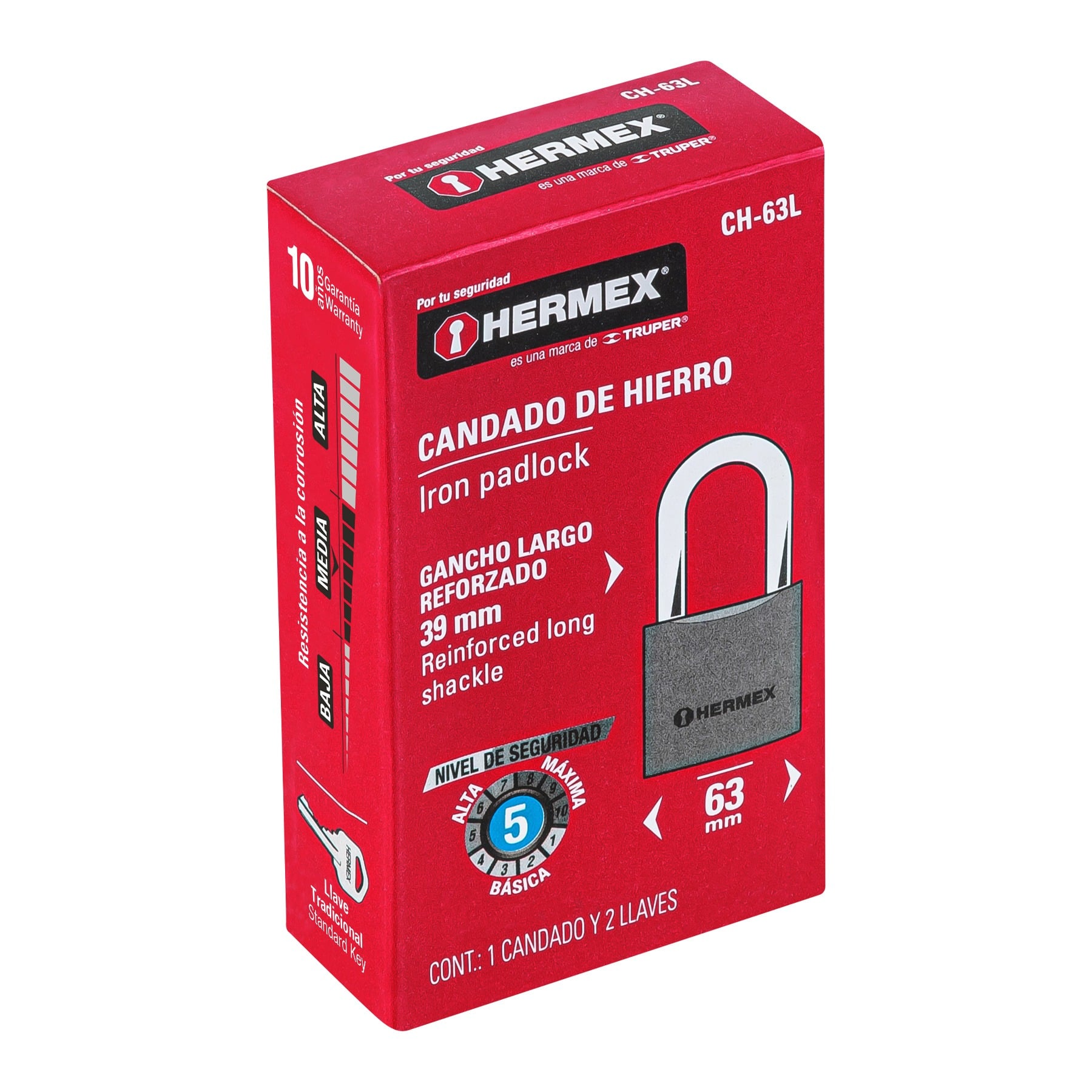 CANDADO DE HIERRO 63 MM CON GANCHO LARGO, HERMEX 43802 - 6