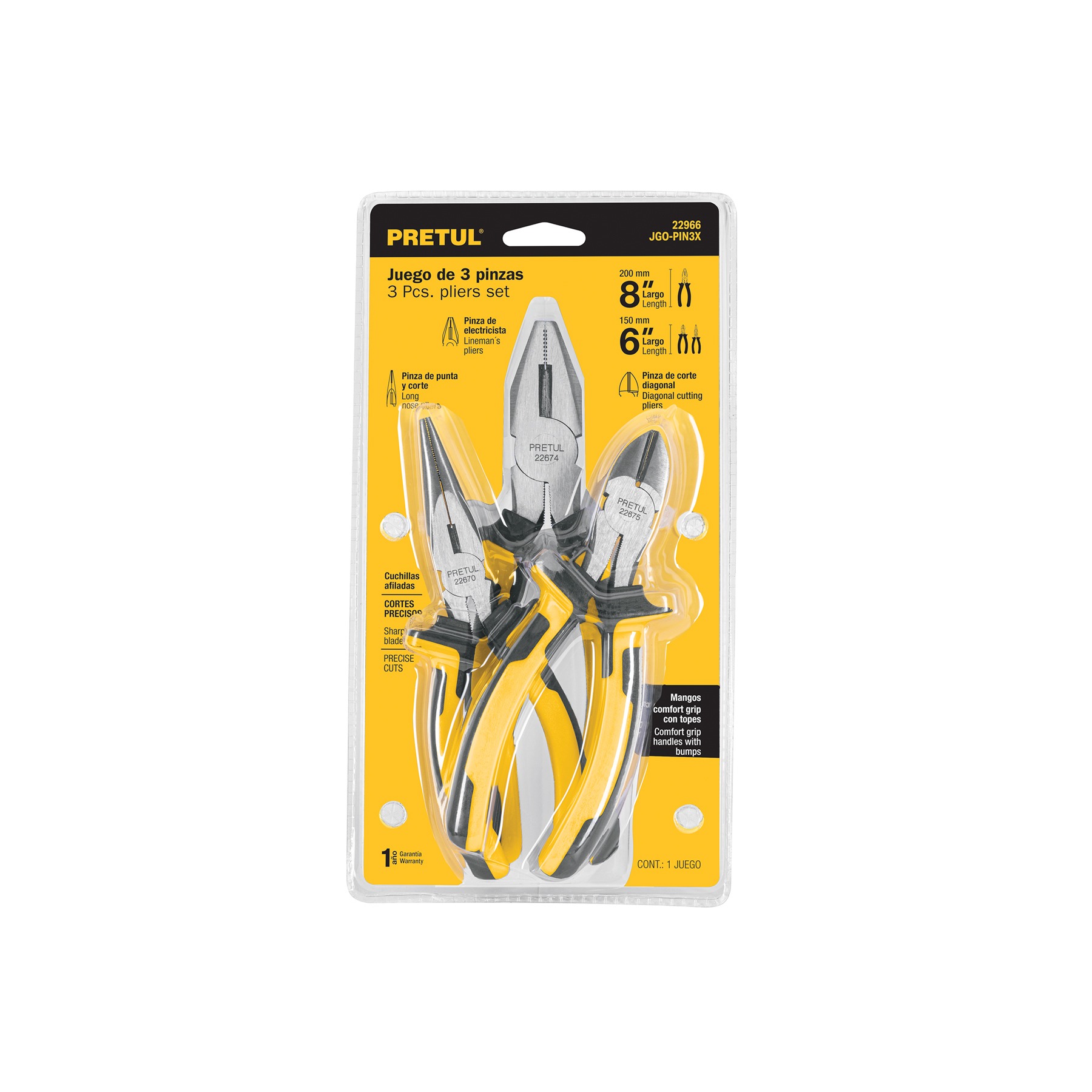JUEGO DE ALICATES 3 PINZAS MANGO COMFORT GRIP, PRETUL 22966 - 1