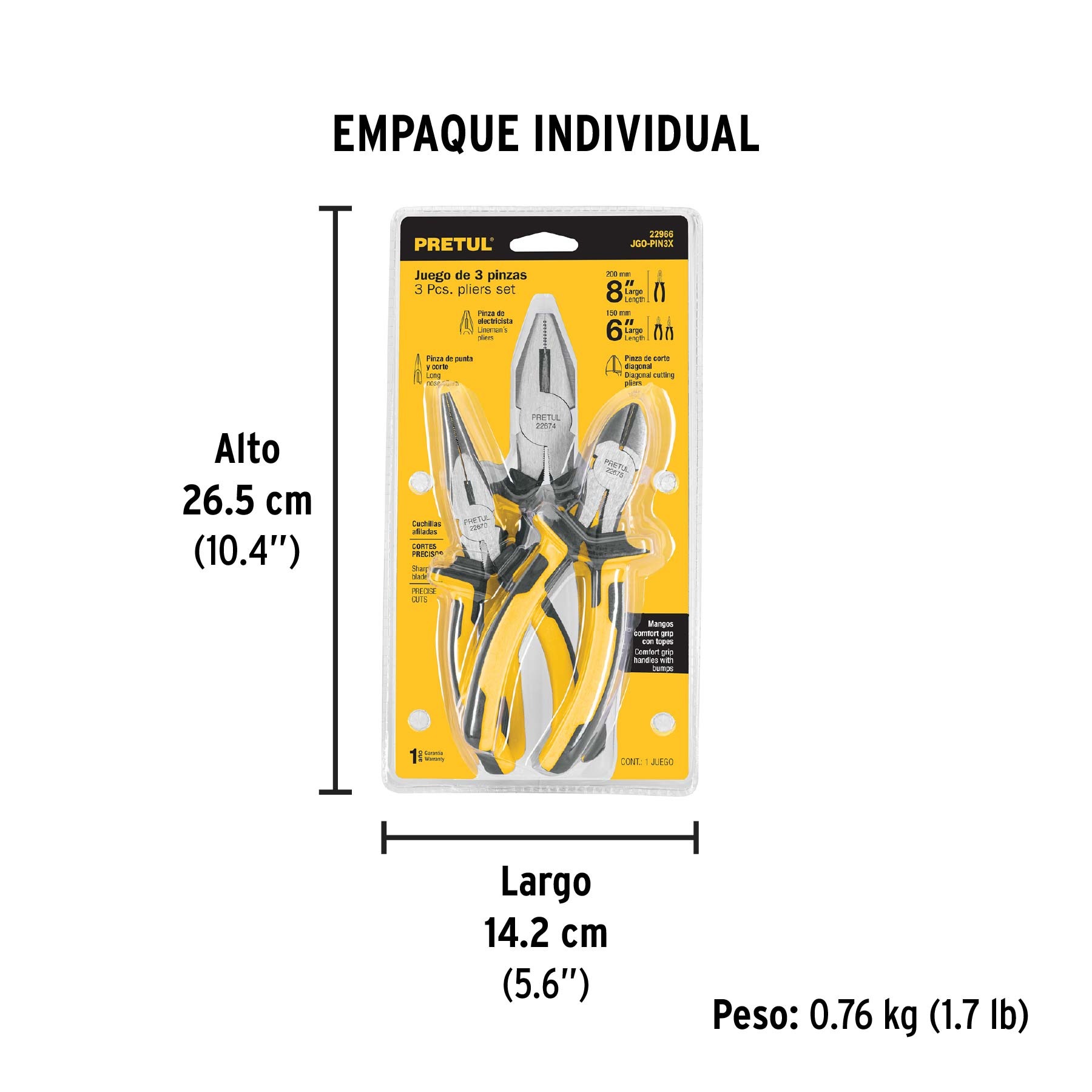 JUEGO DE ALICATES 3 PINZAS MANGO COMFORT GRIP, PRETUL 22966 - 2