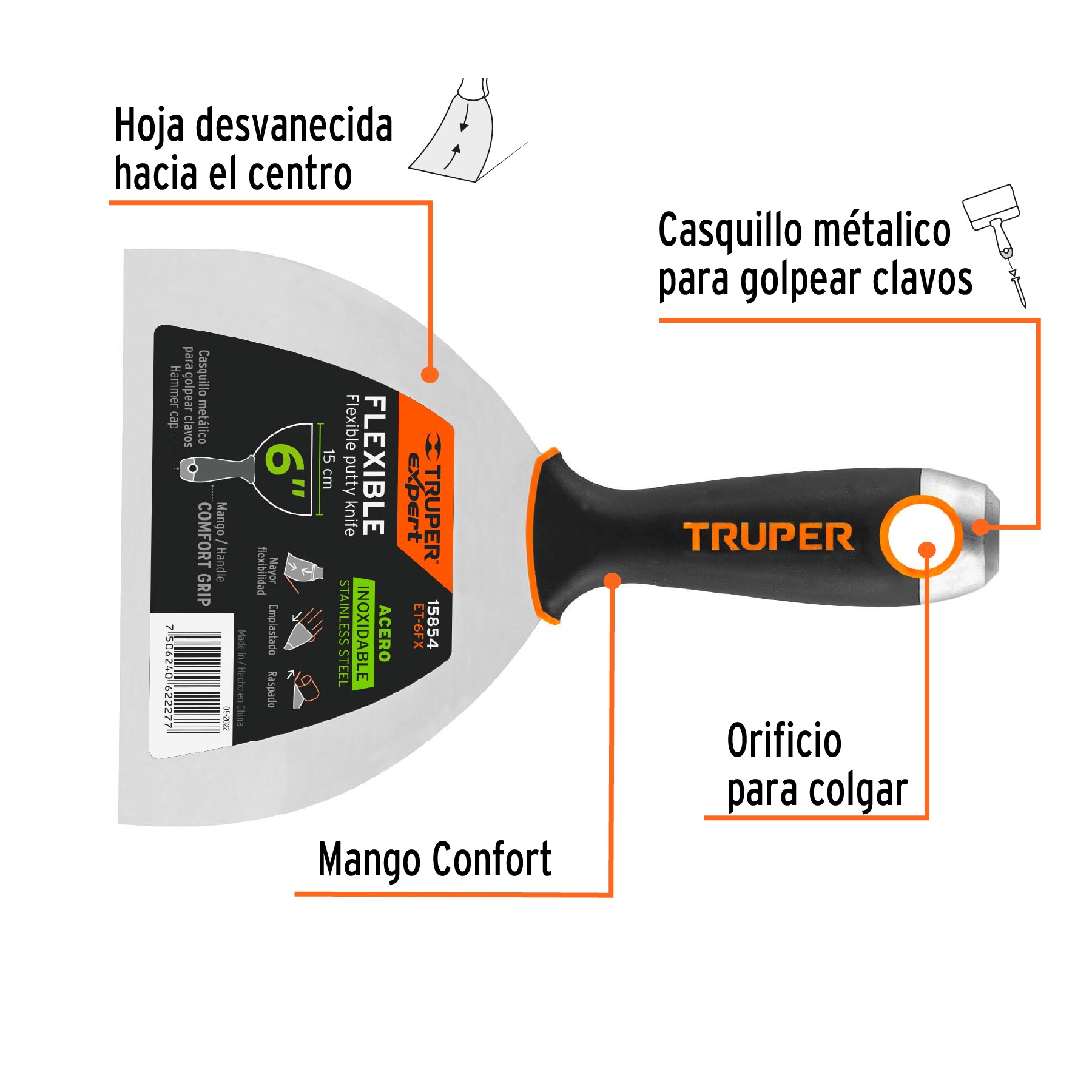 ESPÁTULA FLEXIBLE 6' ACERO INOXIDABLE COMFORT GRIP, TRUPER 15854 - 2