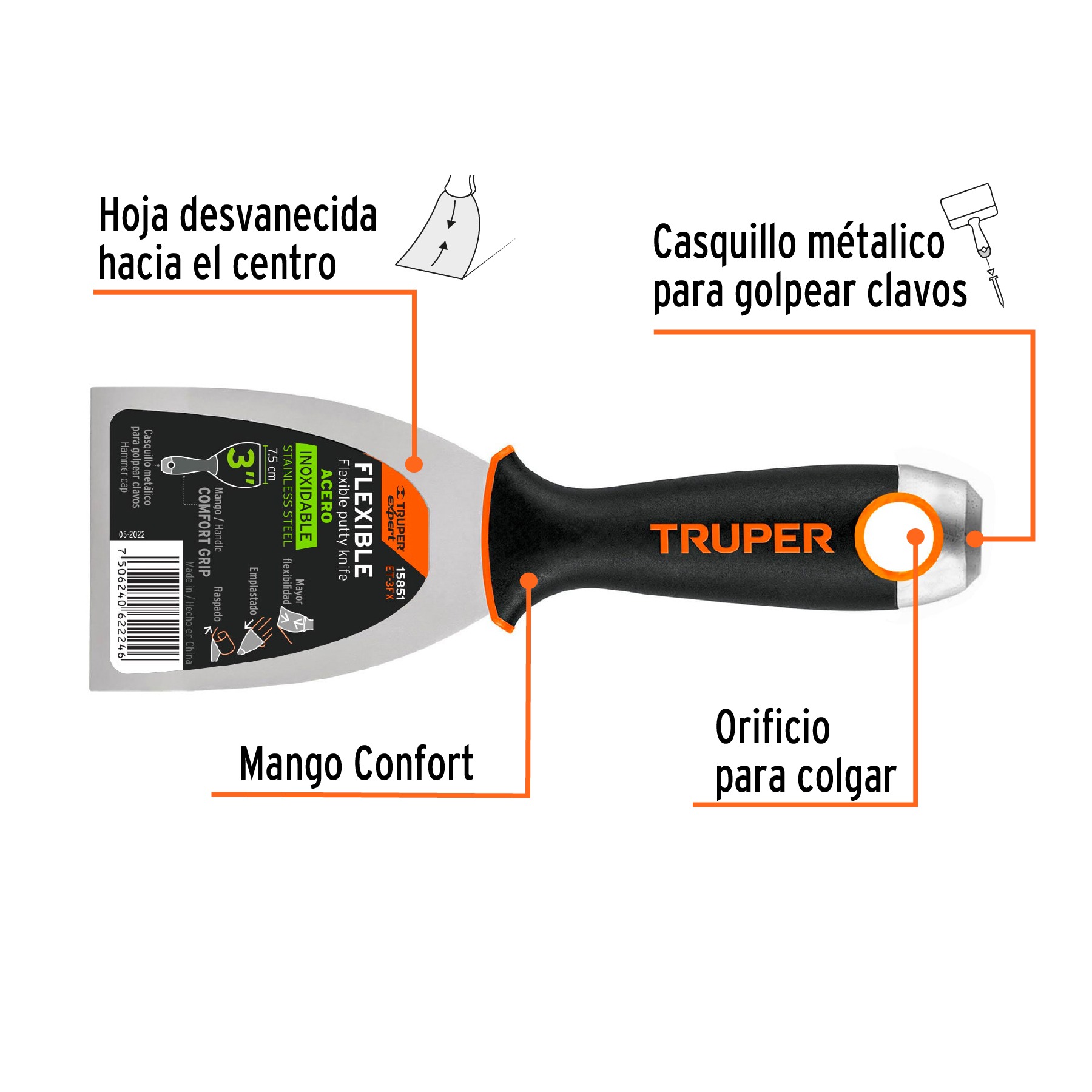 ESPÁTULA FLEXIBLE 3' ACERO INOXIDABLE COMFORT GRIP, TRUPER 15851 - 2