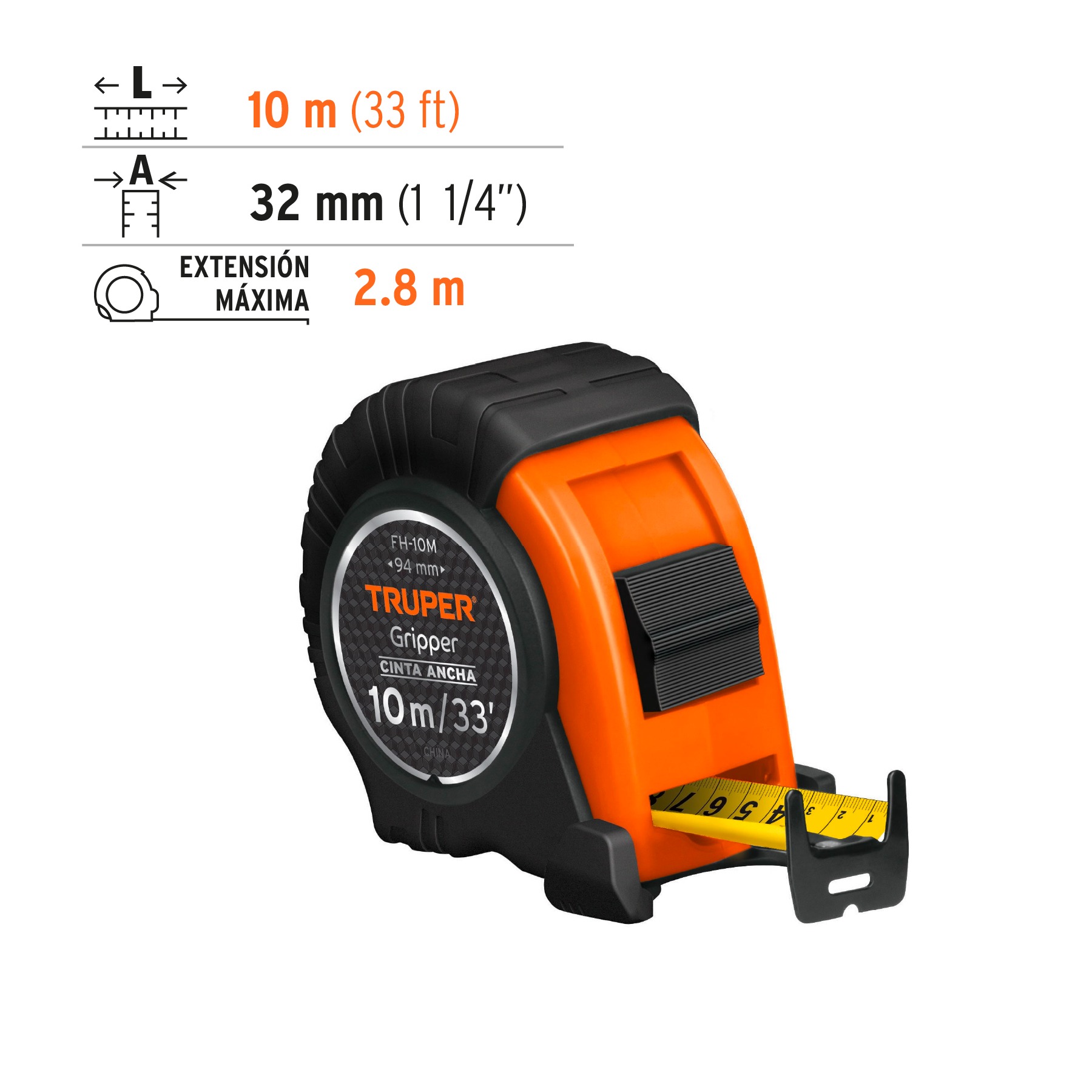FLEXÓMETRO GRIPPER CONTRA IMPACTOS 10 M CINTA 32 MM, TRUPER 14582 - 2
