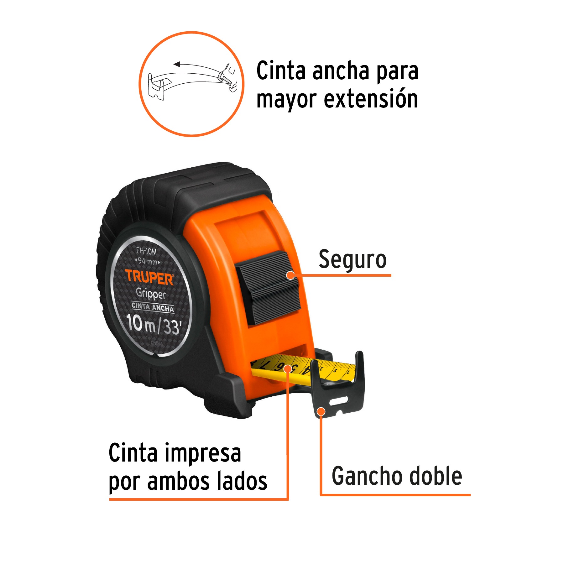FLEXÓMETRO GRIPPER CONTRA IMPACTOS 10 M CINTA 32 MM, TRUPER 14582 - 3