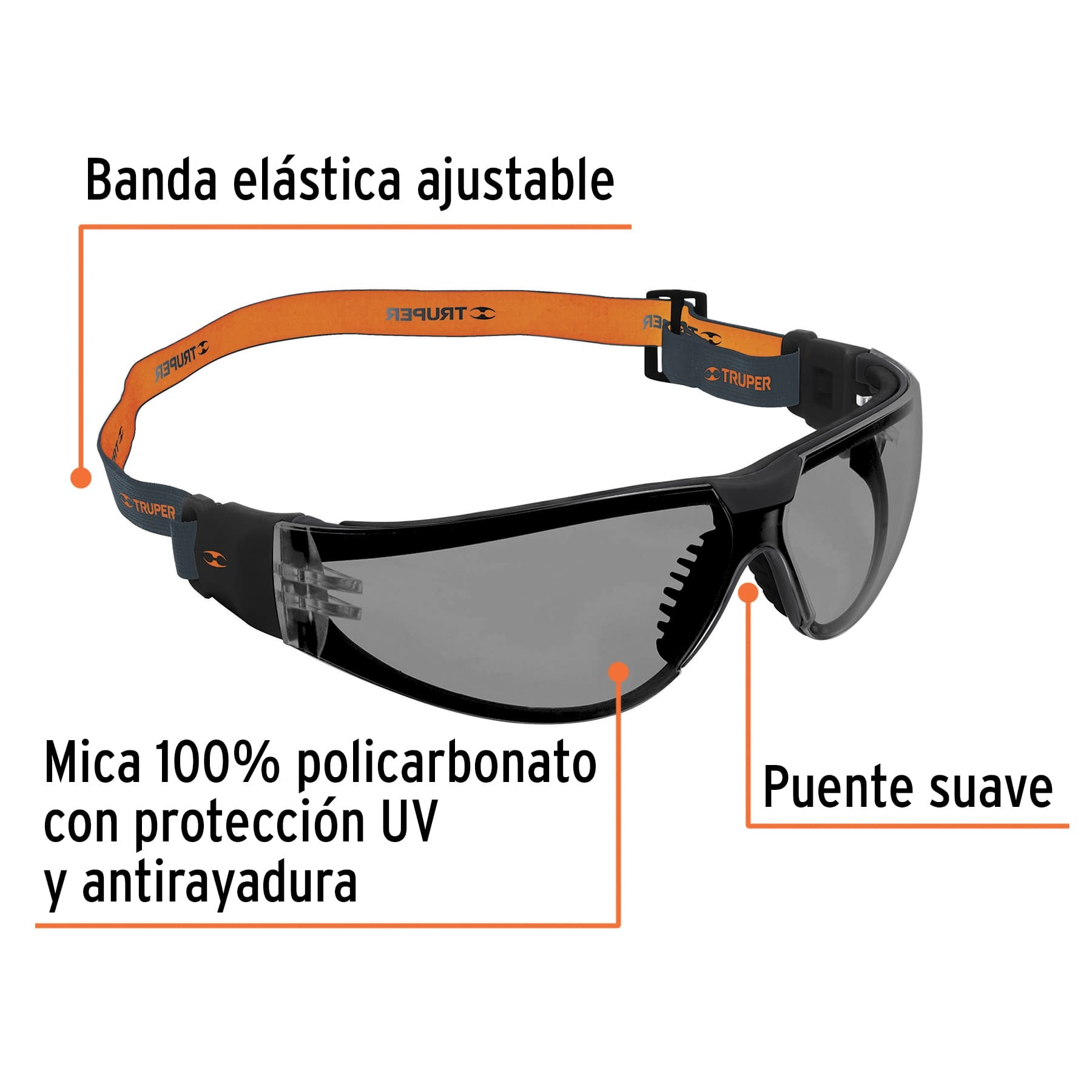 LENTES DE SEGURIDAD GRIS CON BANDA ELÁSTICA, TRUPER 100293 - 2