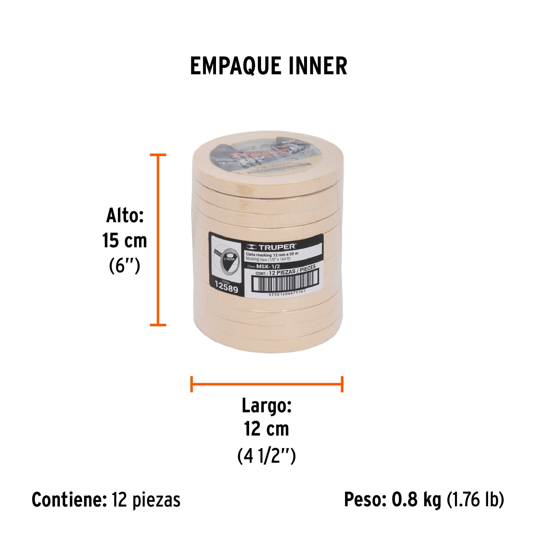 PAQUETE DE 12 CINTAS MASKING TAPE 1/2' X 50 M, TRUPER 12589-12 - 2