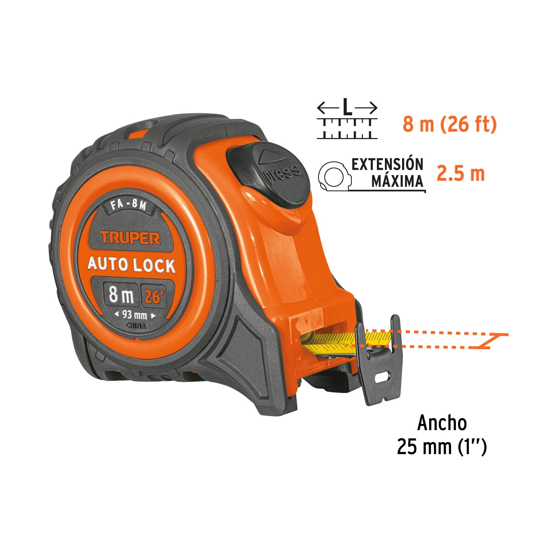 FLEXÓMETRO AUTO-LOCK CONTRA IMPACTOS 8 M CINTA 25 MM, TRUPER - 1