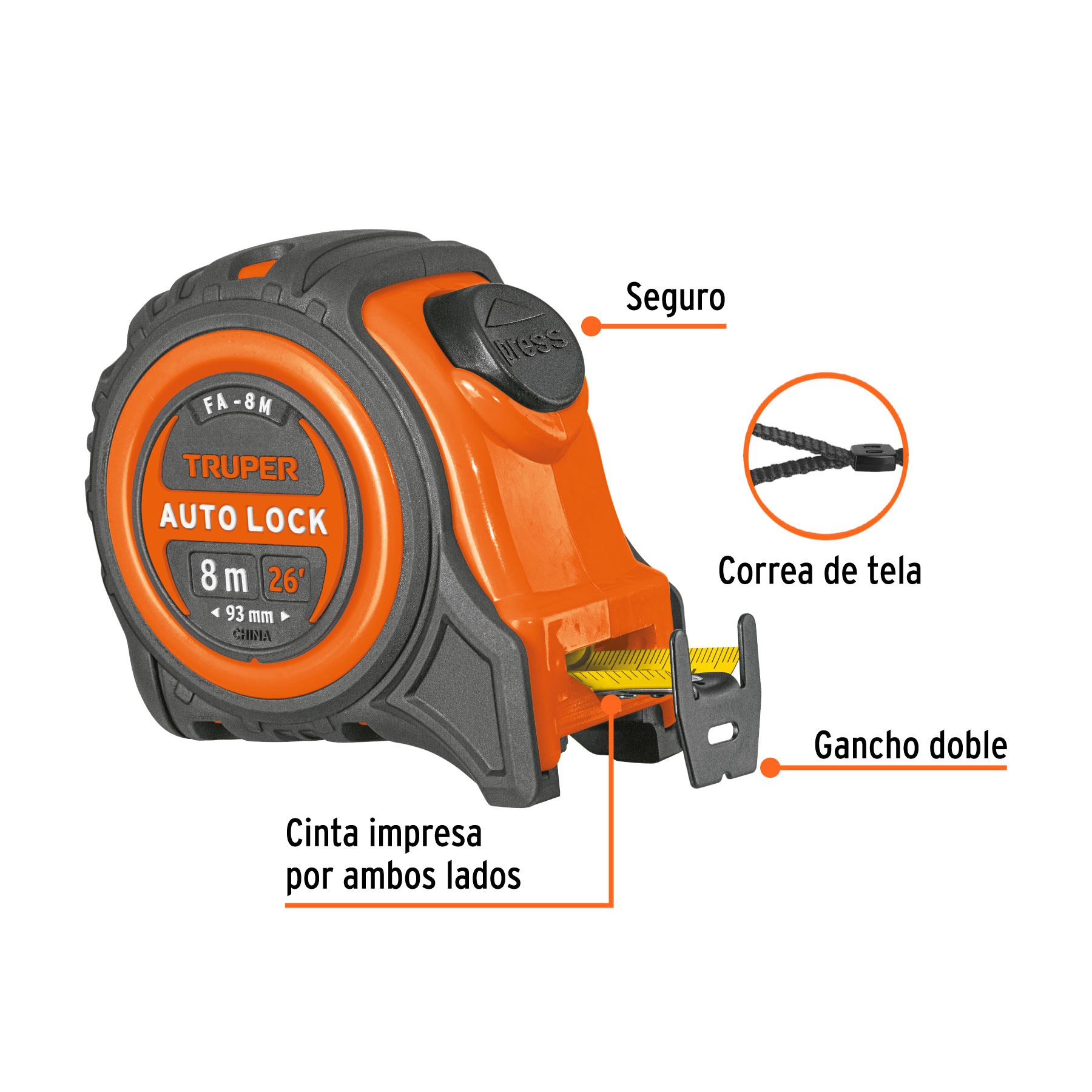 FLEXÓMETRO AUTO-LOCK CONTRA IMPACTOS 8 M CINTA 25 MM, TRUPER - 2