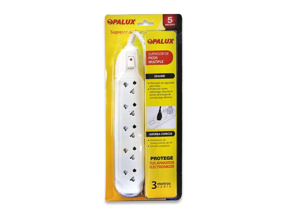 SUPRESOR DE PICOS 5 TOMAS 10A CON INTERRUPTOR ON/OFF 3 M OPALUX OP-305 - 3