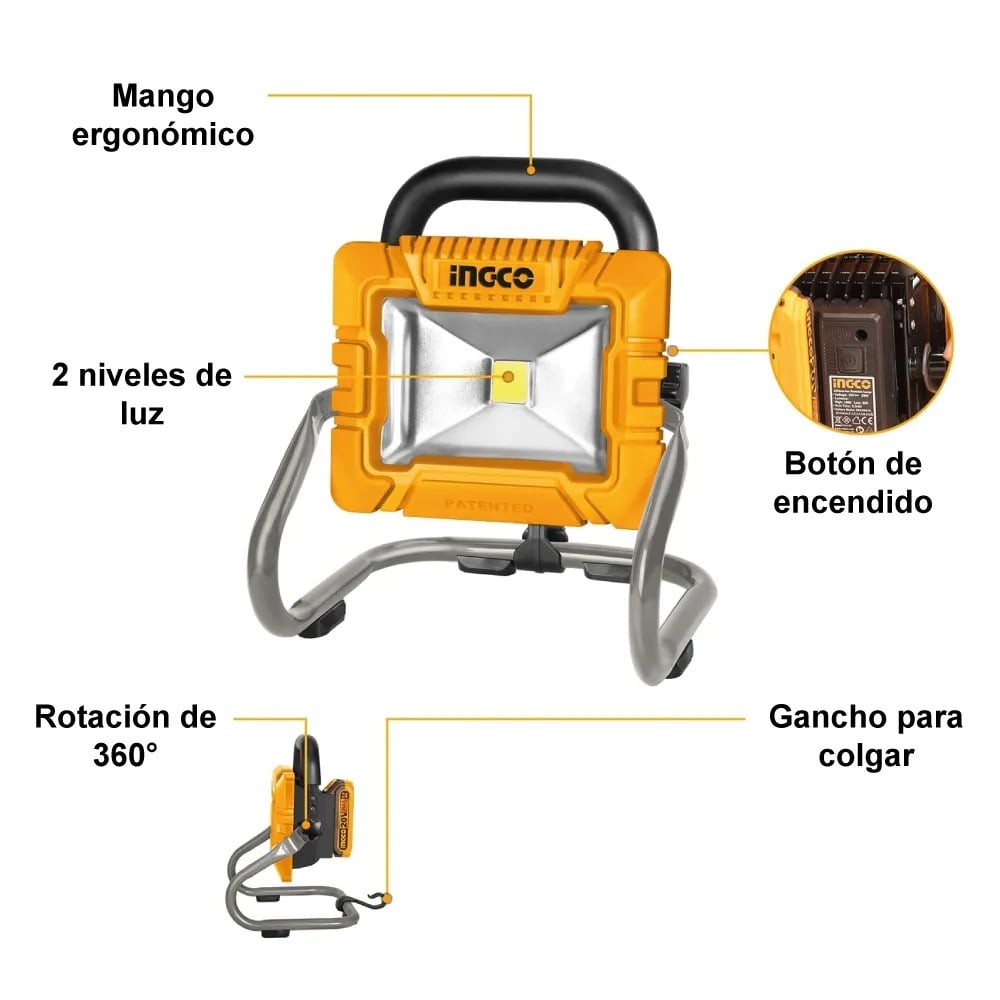 REFLECTOR LED PORTÁTIL 20V 1800 LM CON BATERÍA Y CARGADOR INGCO CWLI20258 - 2