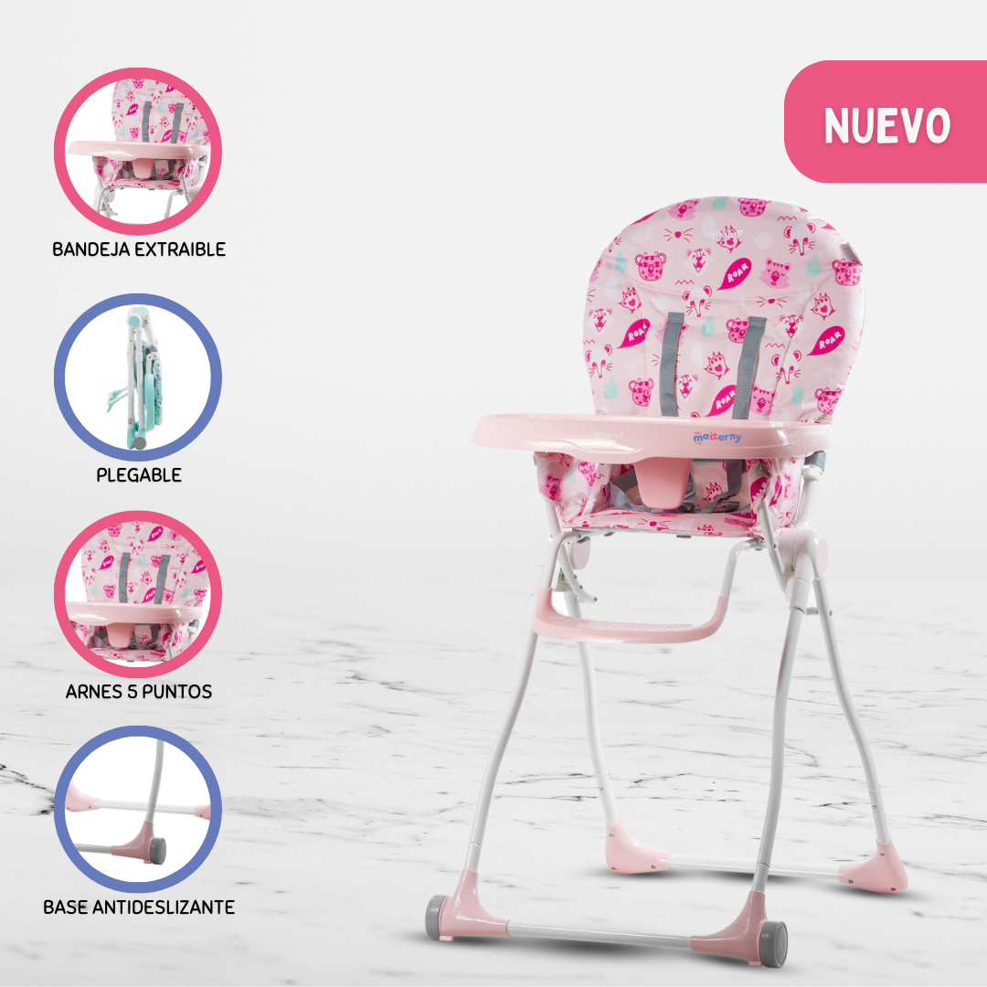 SILLA COMER EBABY ZAZI ROSADO PLEGABLE PARA BEBÉS - 1