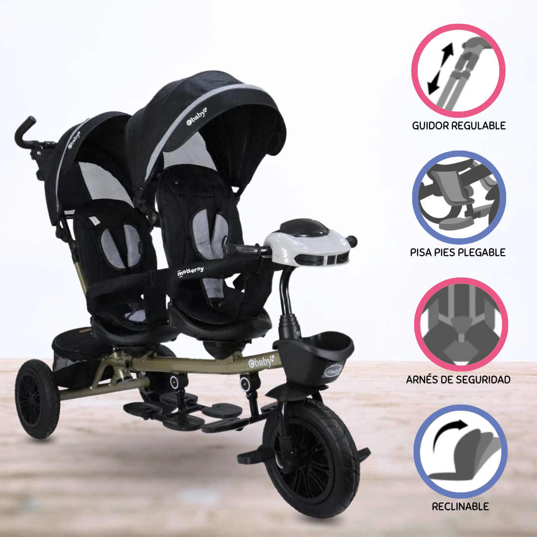 TRICICLO EBABY GUIADOR DE PASEO GEMELAR NEGRO PARA NIÑOS - 1