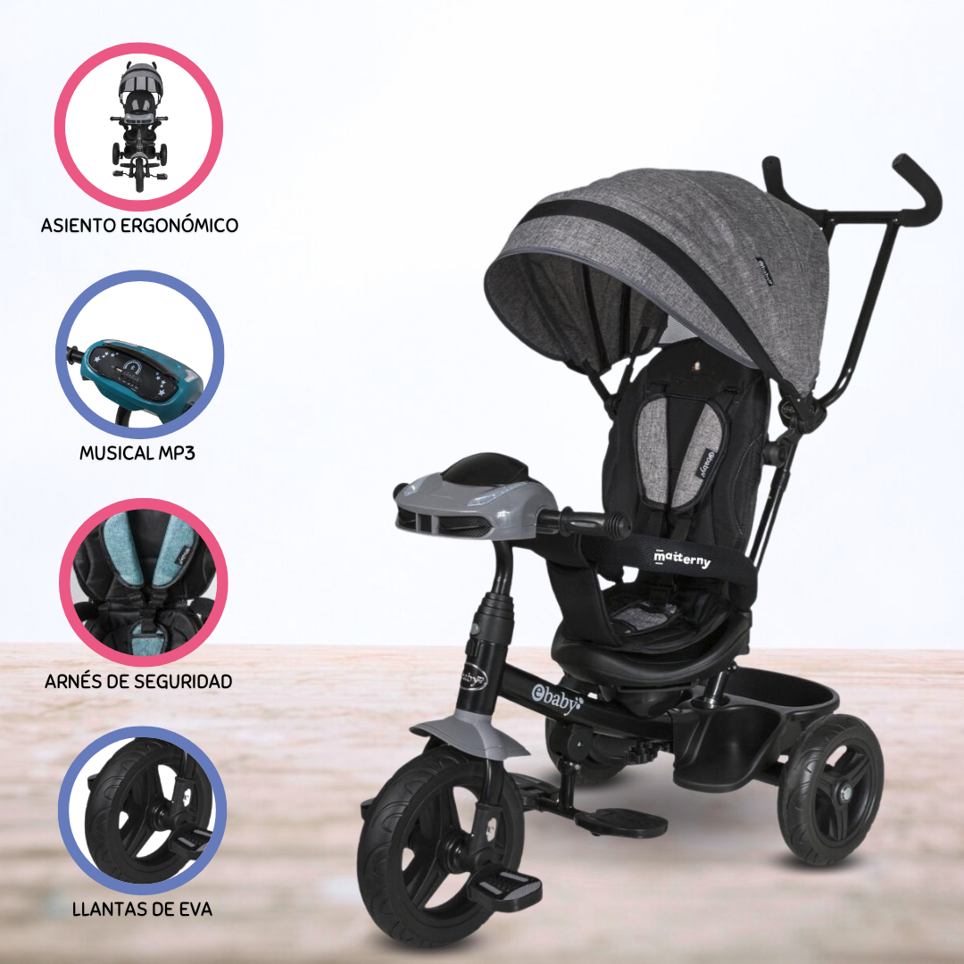 TRICICLO EBABY GUIADOR SPIN GRIS PARA NIÑOS - 1