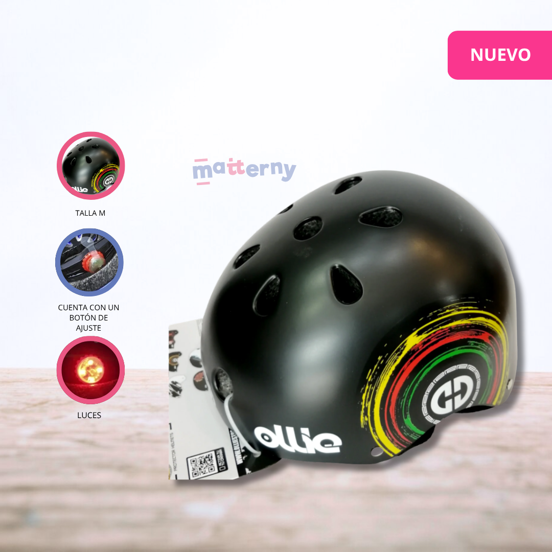 CASCO PROTECTOR CON DISEÑO Y LUCES PARA NIÑOS «VELOX» BLACK/RASTA - 1