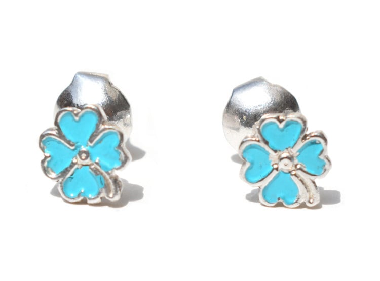 ARETE TREBOL CUATRO HOJAS MINI TURQUESA/CELESTE PLATA LEY 950 - 2