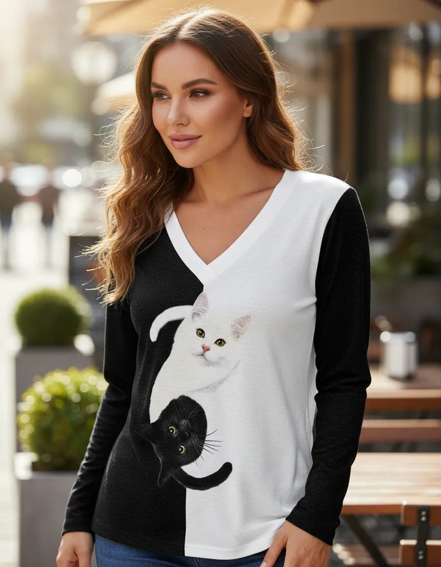 CAMISETA MUJER ESTAMPADO GATOS BLANCO Y NEGRO MANGA LARGA - 1