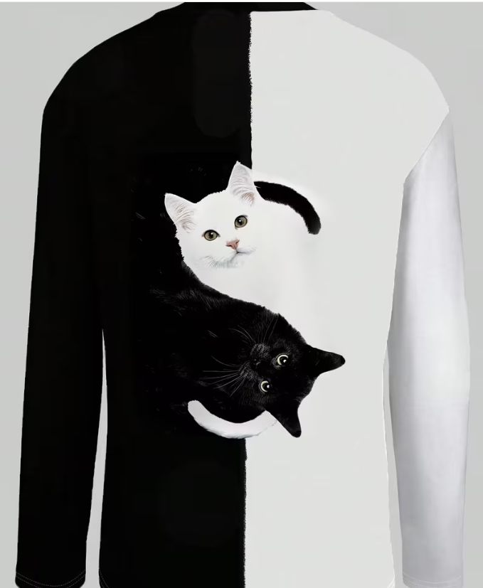 CAMISETA MUJER ESTAMPADO GATOS BLANCO Y NEGRO MANGA LARGA - 2