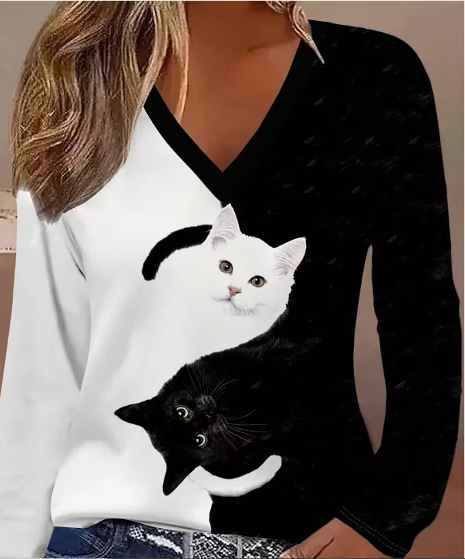 CAMISETA MUJER ESTAMPADO GATOS BLANCO Y NEGRO MANGA LARGA - 3