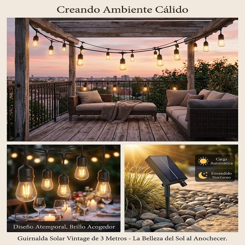 GUIRNALDA SOLAR VINTAGE JARDIN FOCOS LUZ DE EMERGENCIA - 2
