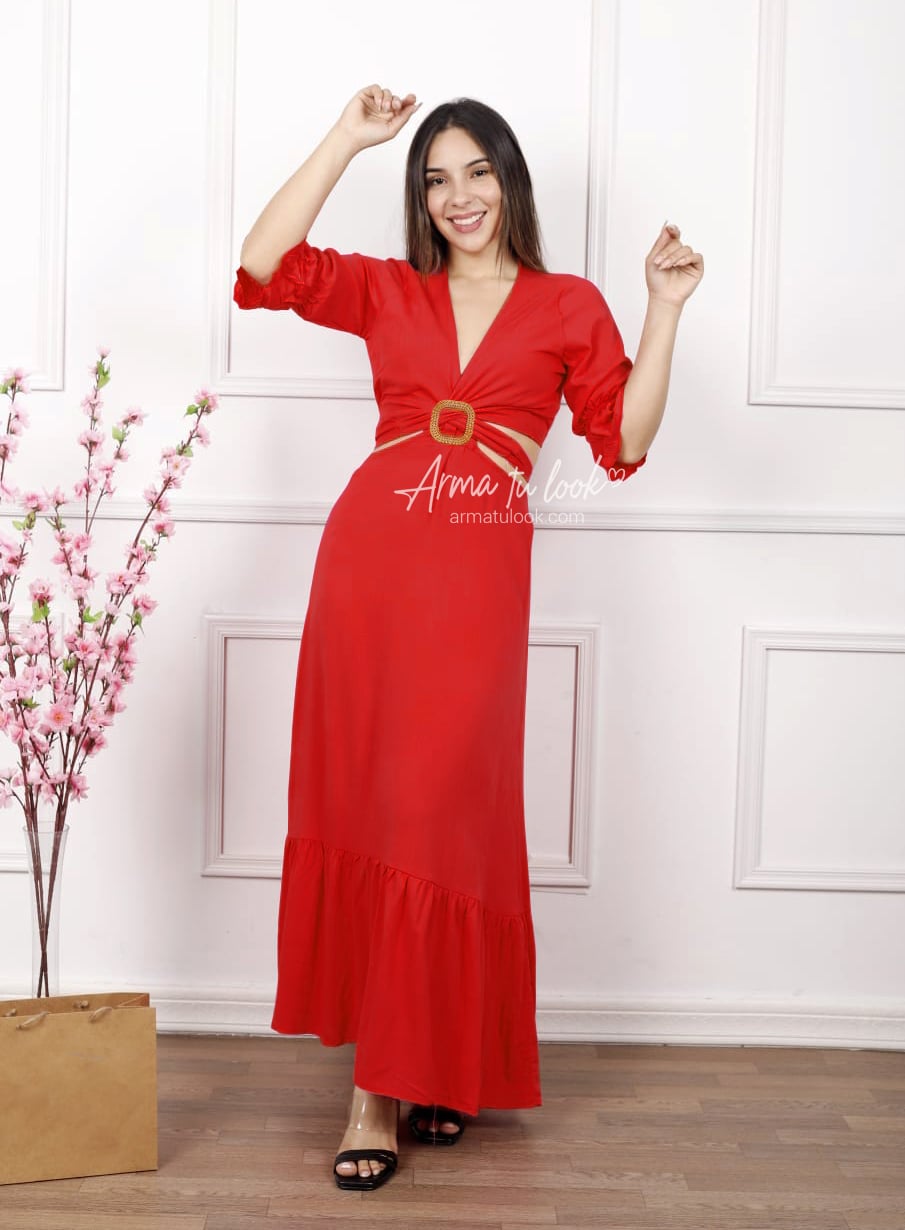 VESTIDO LARGO LINO MUJER ARMA TU LOOK BRASIL CUT OUT HEBILLA - 1