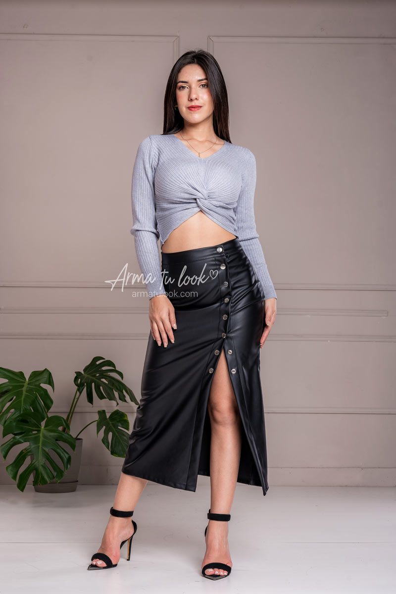 FALDA MIDI MUJER ARMA TU LOOK MADRID DE CUERINA CON BROCHES AL COSTADO - 1
