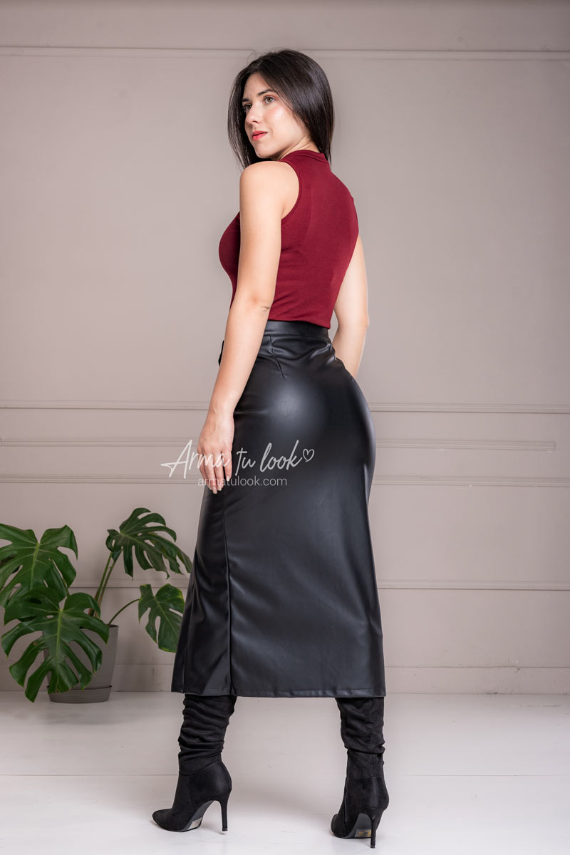FALDA MIDI MUJER ARMA TU LOOK MADRID DE CUERINA CON BROCHES AL COSTADO - 2