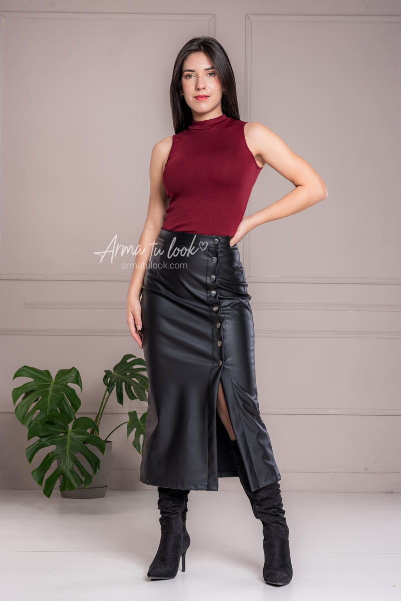 FALDA MIDI MUJER ARMA TU LOOK MADRID DE CUERINA CON BROCHES AL COSTADO - 3