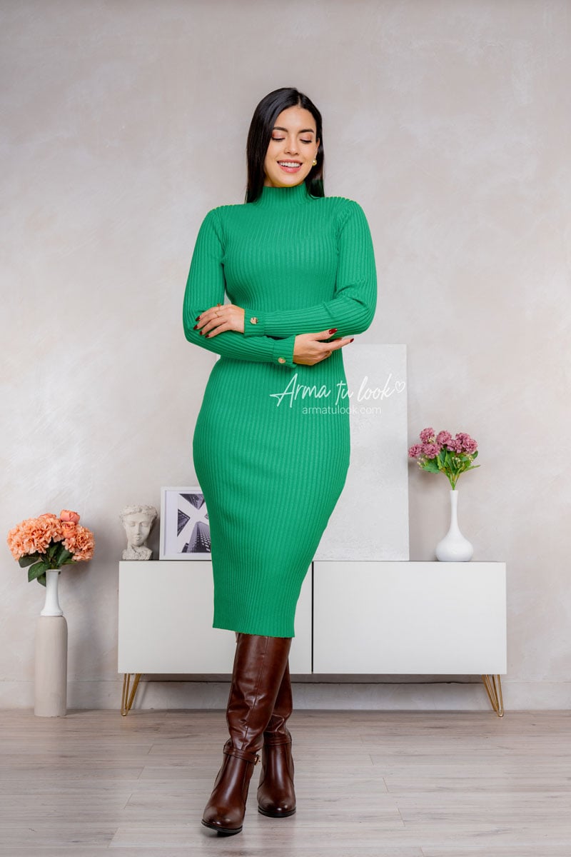 VESTIDO MIDI CASHMERE MUJER ARMA TU LOOK CANDICE CUELLO ALTO BOTONES EN MANGAS - 1