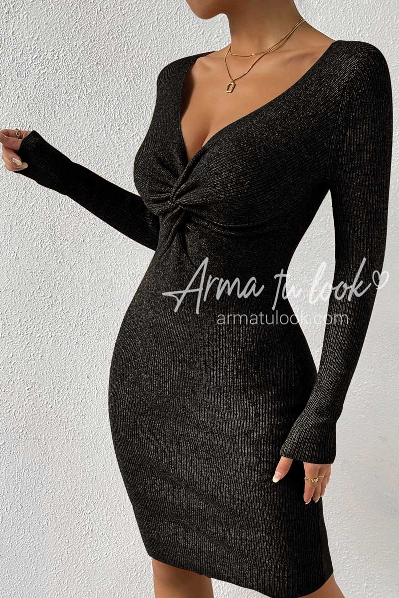 VESTIDO A LA RODILLA MUJER ARMA TU LOOK GLAMOUR HILO BRILLO ESCOTE ANUDADO - 1