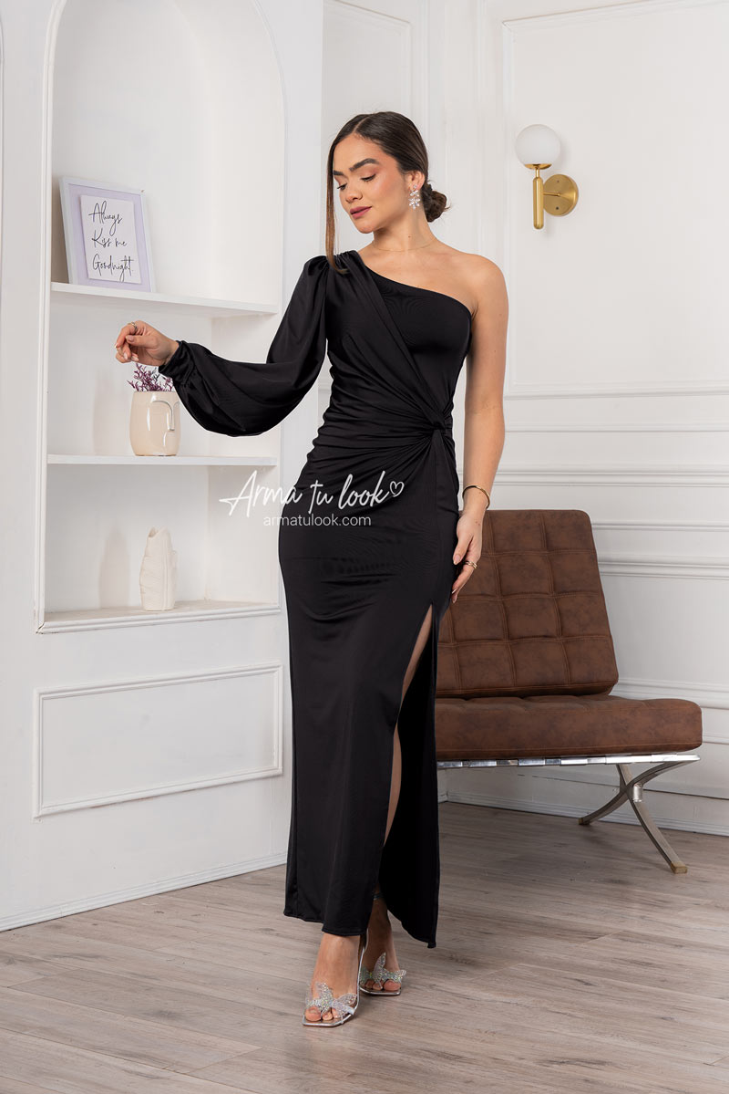 VESTIDO THAIS ESCOTE ASIMETRICO DE 1 MANGA DRAPEADO EN CINTURA - 1