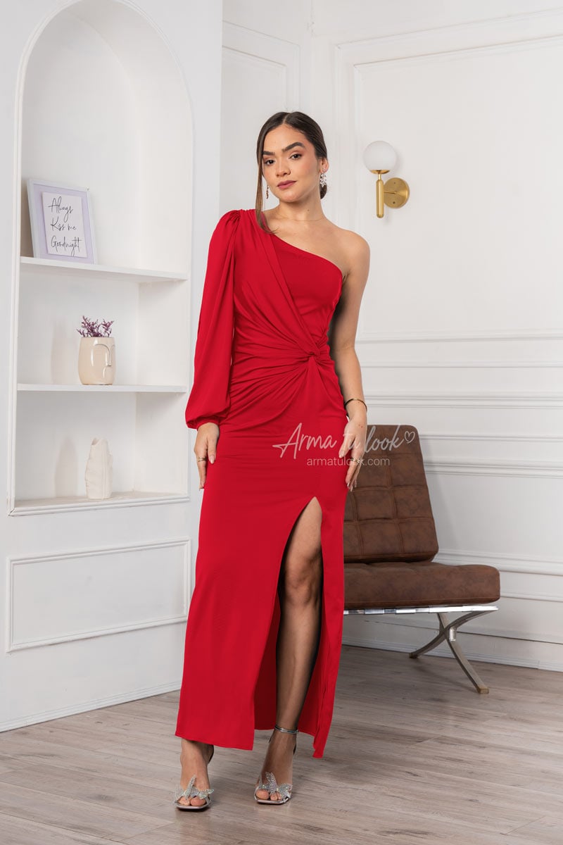 VESTIDO THAIS ESCOTE ASIMETRICO DE 1 MANGA DRAPEADO EN CINTURA - 1