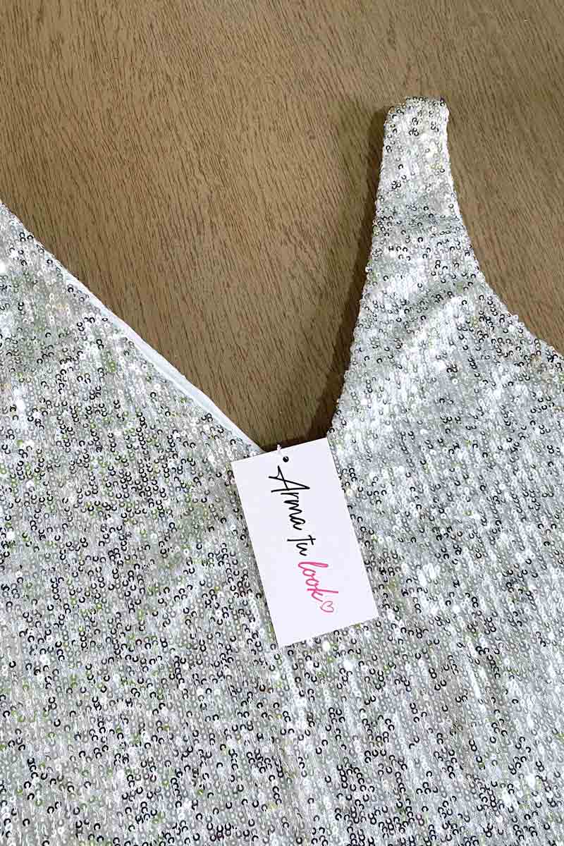 BLUSA VIBRANT CUELLO V DE LENTEJUELAS MANGA CERO - 2