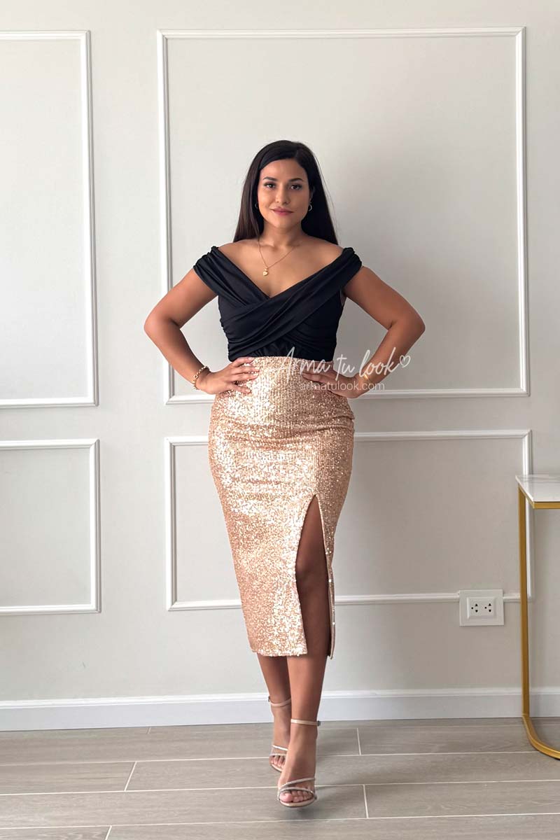 FALDA GLAMOUR LENTEJUELAS MIDI CON ABERTURA ADELANTE - 1