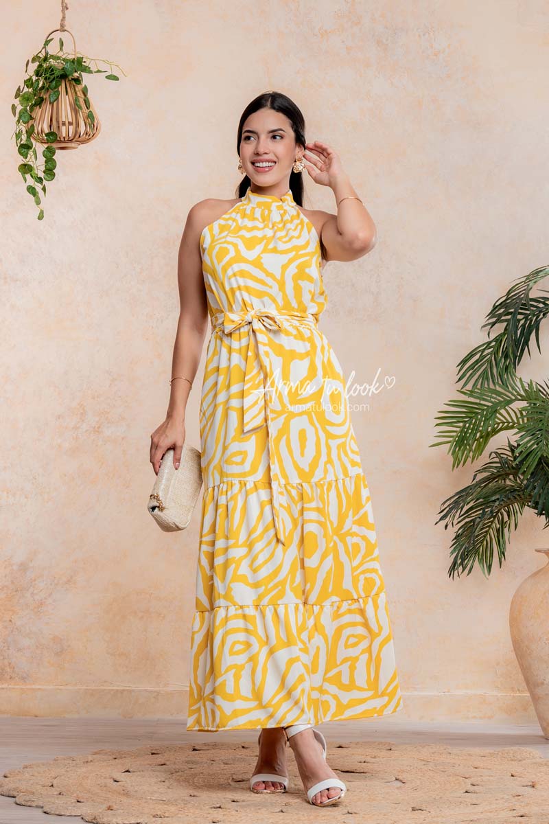 VESTIDO BELLAGIO CUELLO HALTER DE SEDA CON CINTURÓN - 1
