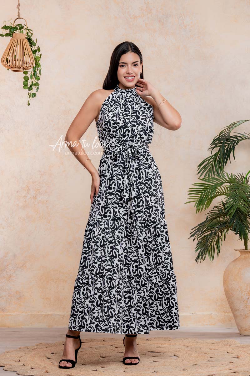 VESTIDO BELLAGIO CUELLO HALTER DE SEDA CON CINTURÓN - 2