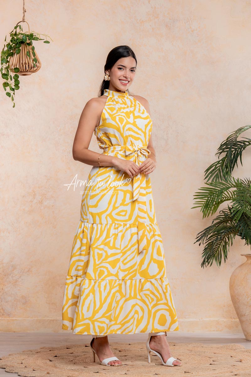 VESTIDO BELLAGIO CUELLO HALTER DE SEDA CON CINTURÓN - 4
