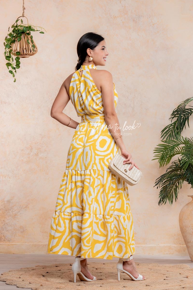 VESTIDO BELLAGIO CUELLO HALTER DE SEDA CON CINTURÓN - 5
