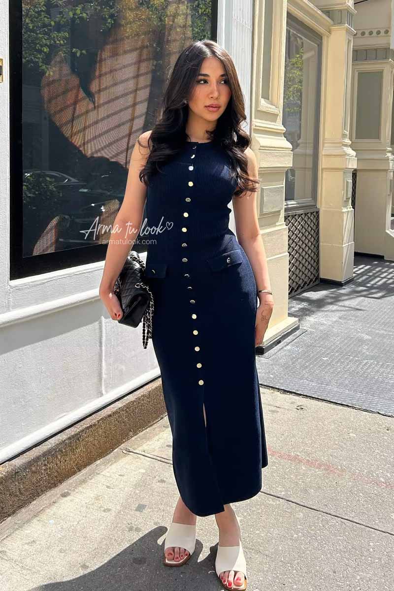 VESTIDO MILAN MIDI TEJIDO CON BOTONES DORADOS - 1