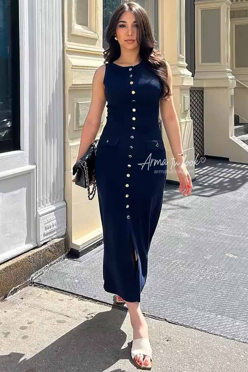 VESTIDO MILAN MIDI TEJIDO CON BOTONES DORADOS - 2