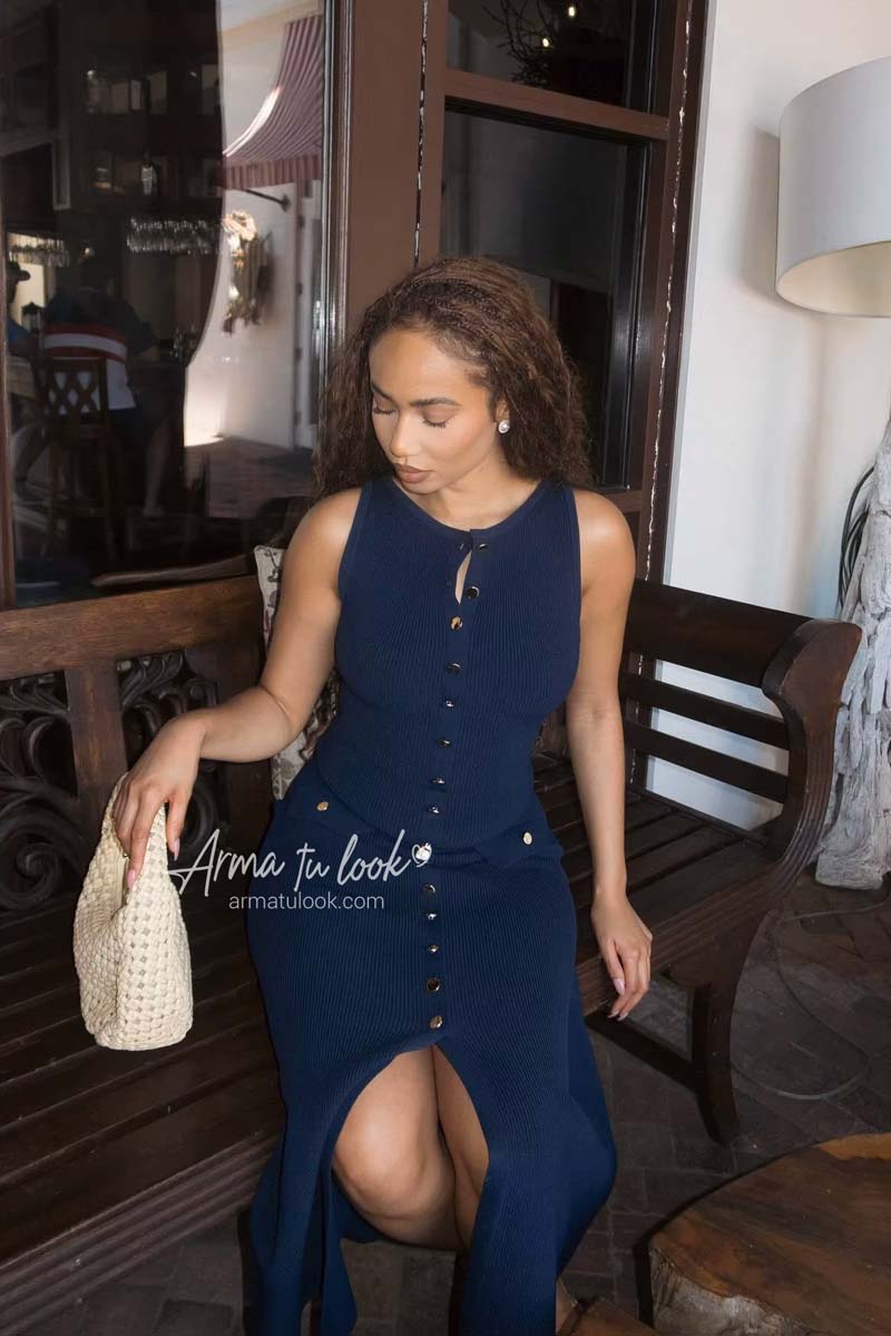 VESTIDO MILAN MIDI TEJIDO CON BOTONES DORADOS - 3