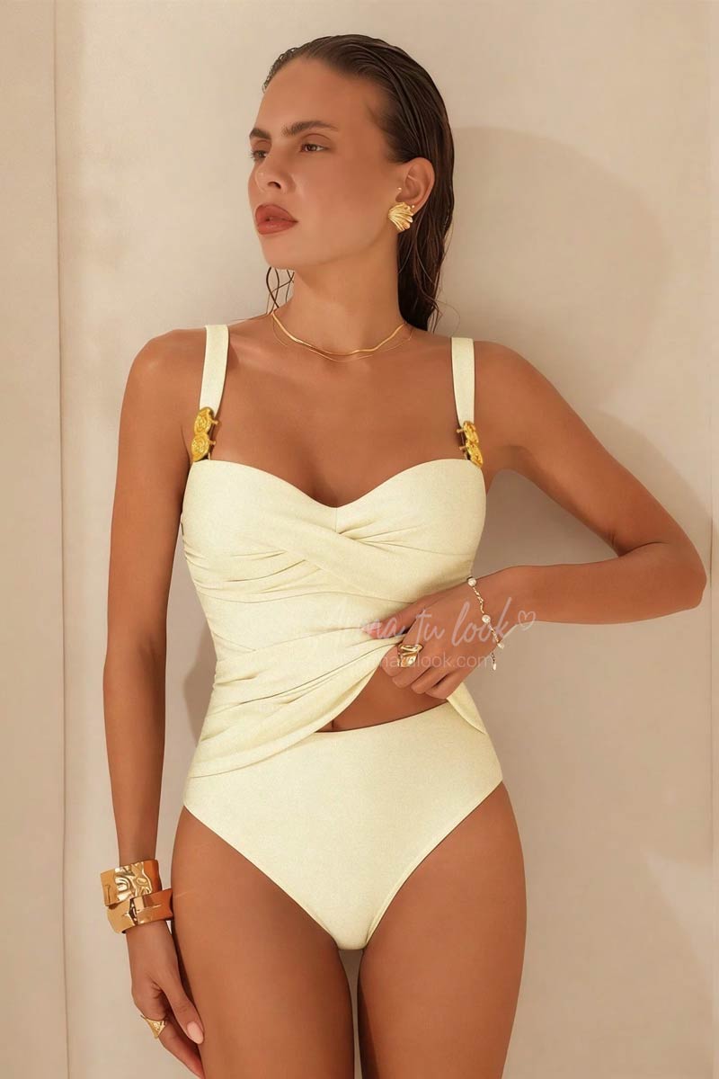 ROPA DE BAÑO MILANO 2 PIEZAS CON DETALLES DORADOS EN TIRAS - 2