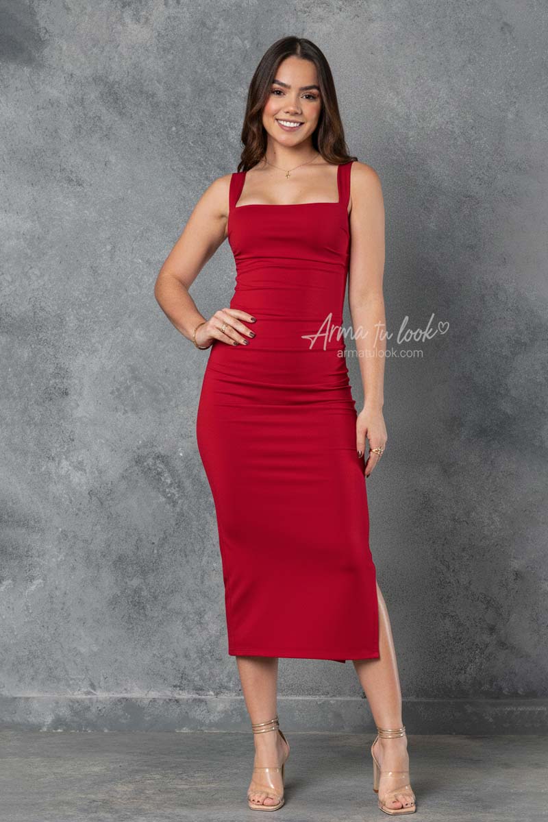 VESTIDO GIANNA MIDI DE TIRAS ESCOTE CUADRADO Y DRAPEADO DELANTERO - 2
