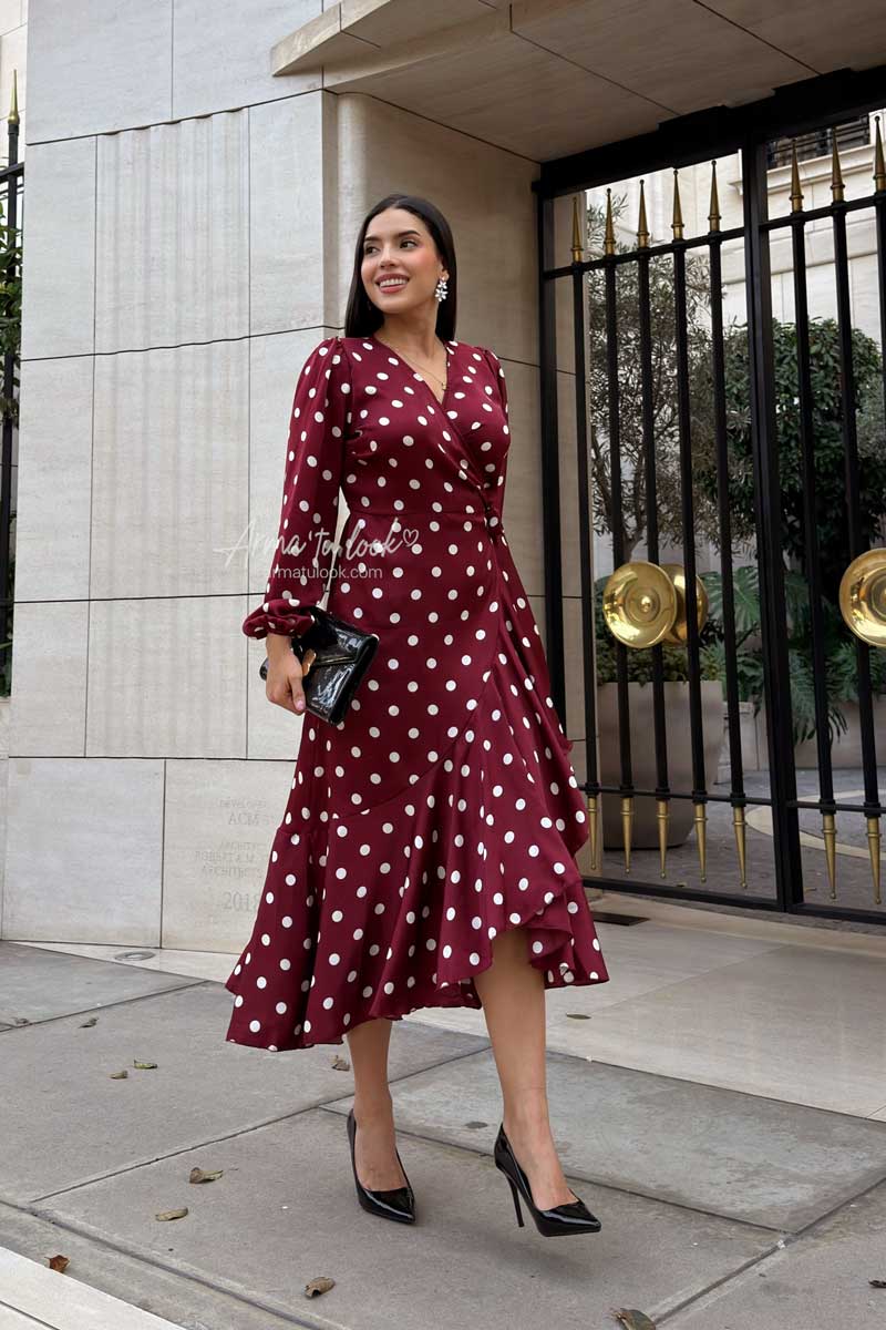 VESTIDO VALENCIA POLKA DOTS LARGO ENVOLVENTE MANGA LARGA DE SATIN - 1