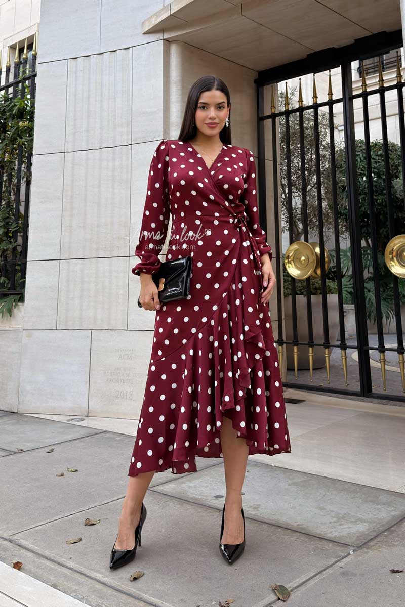 VESTIDO VALENCIA POLKA DOTS LARGO ENVOLVENTE MANGA LARGA DE SATIN - 2