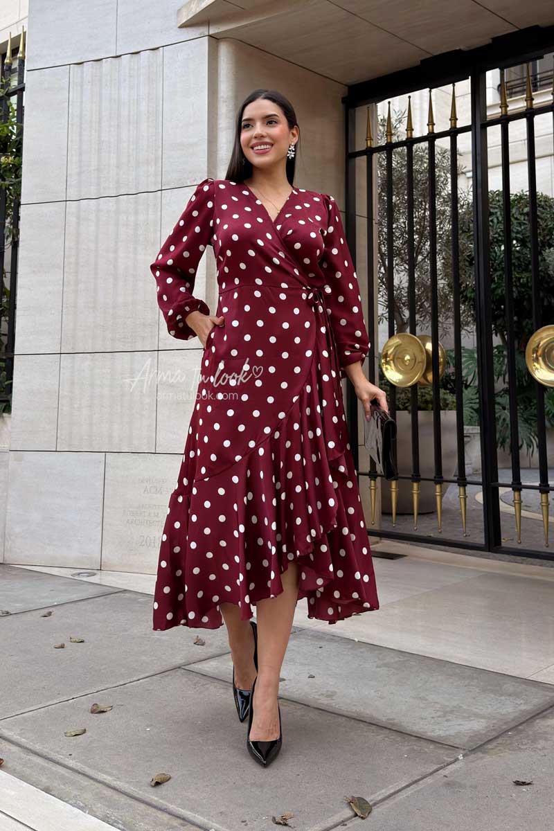 VESTIDO VALENCIA POLKA DOTS LARGO ENVOLVENTE MANGA LARGA DE SATIN - 3