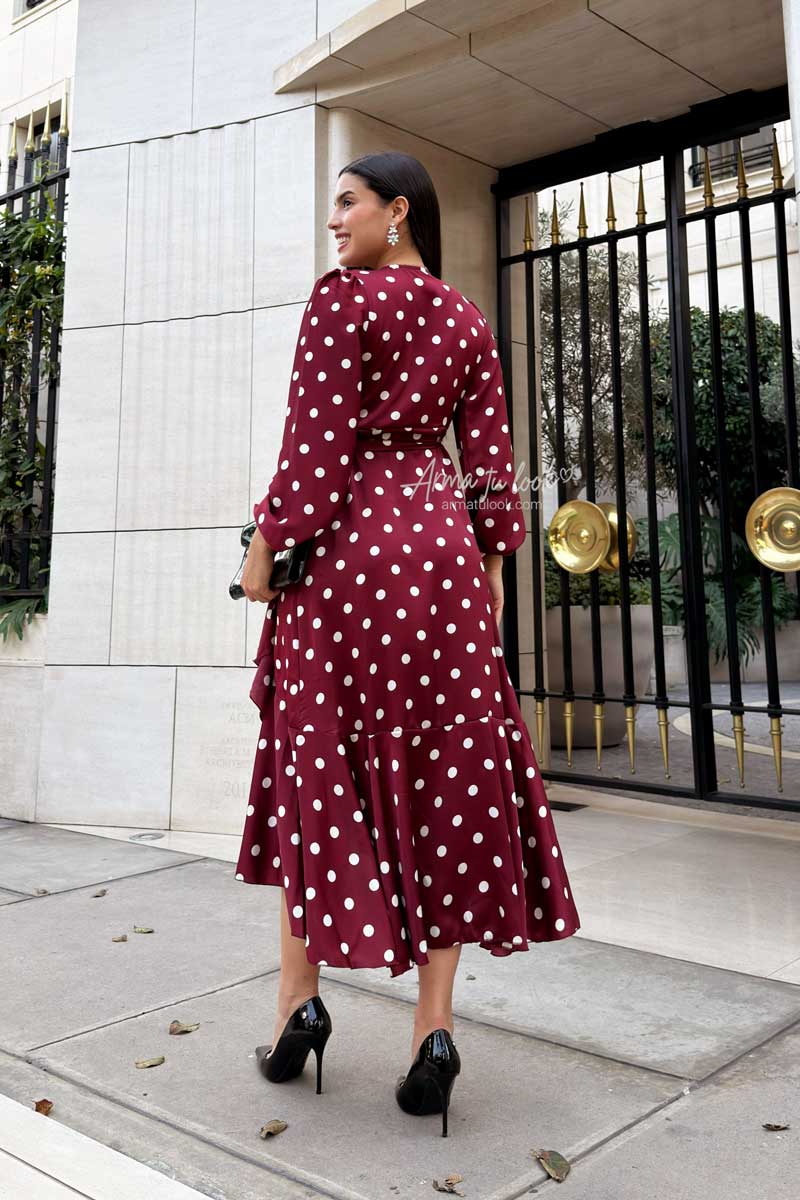 VESTIDO VALENCIA POLKA DOTS LARGO ENVOLVENTE MANGA LARGA DE SATIN - 4
