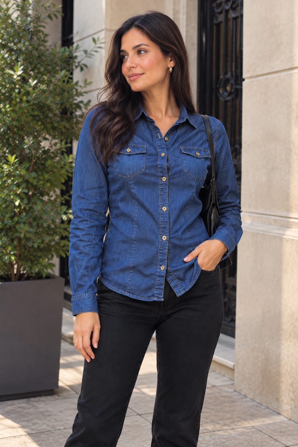 CAMISA DANA DE DENIM JEAN MANGA LARGA - 1