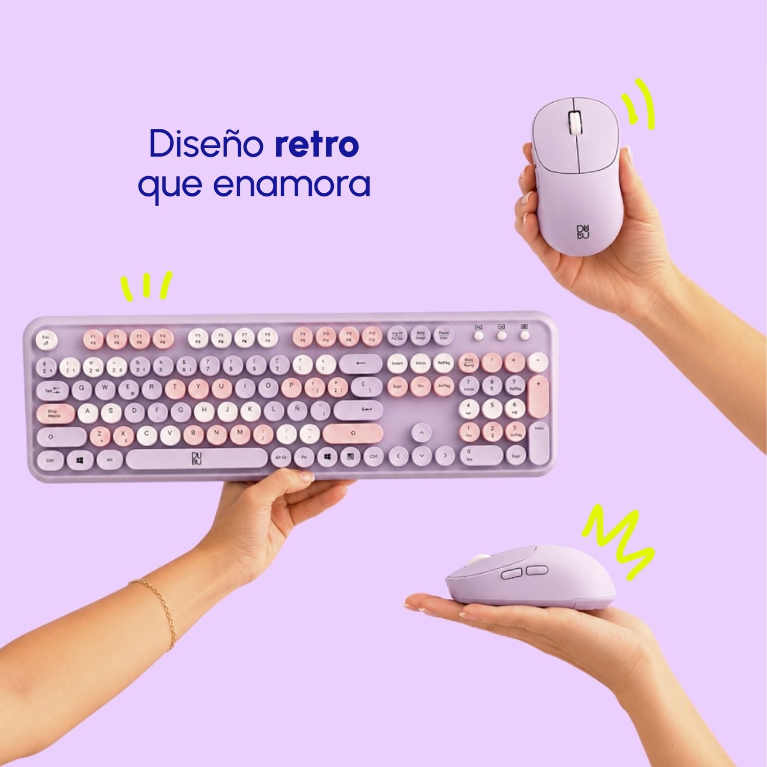 COMBO DE TECLADO RETRO Y MOUSE INALÁMBRICO DUDU LILA - 1