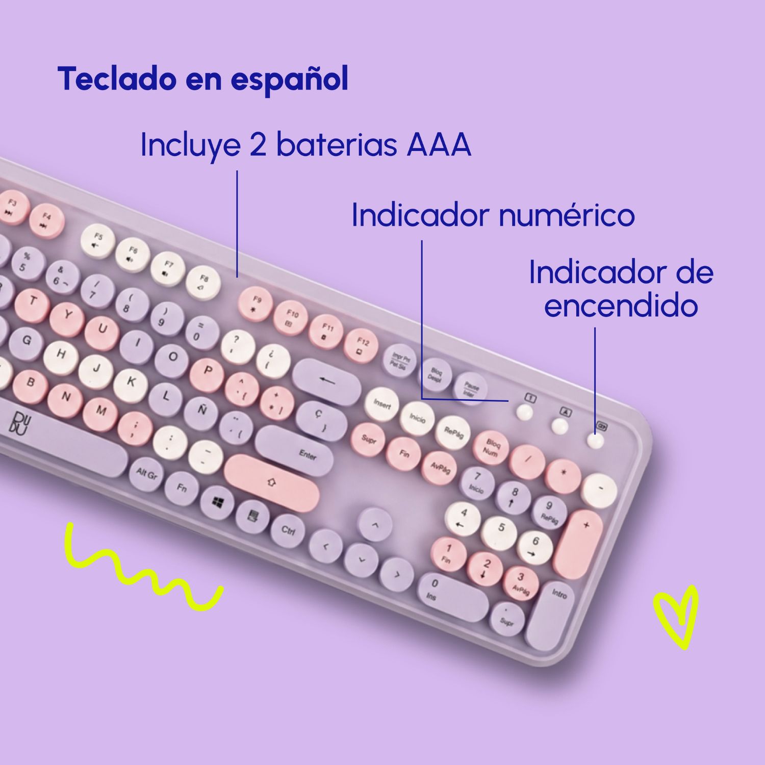 COMBO DE TECLADO RETRO Y MOUSE INALÁMBRICO DUDU LILA - 3